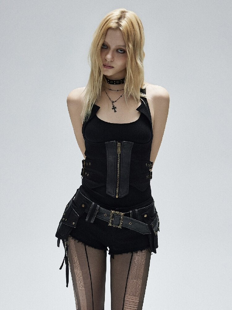 Black Split Leather Paneled Vest【s0000016248】