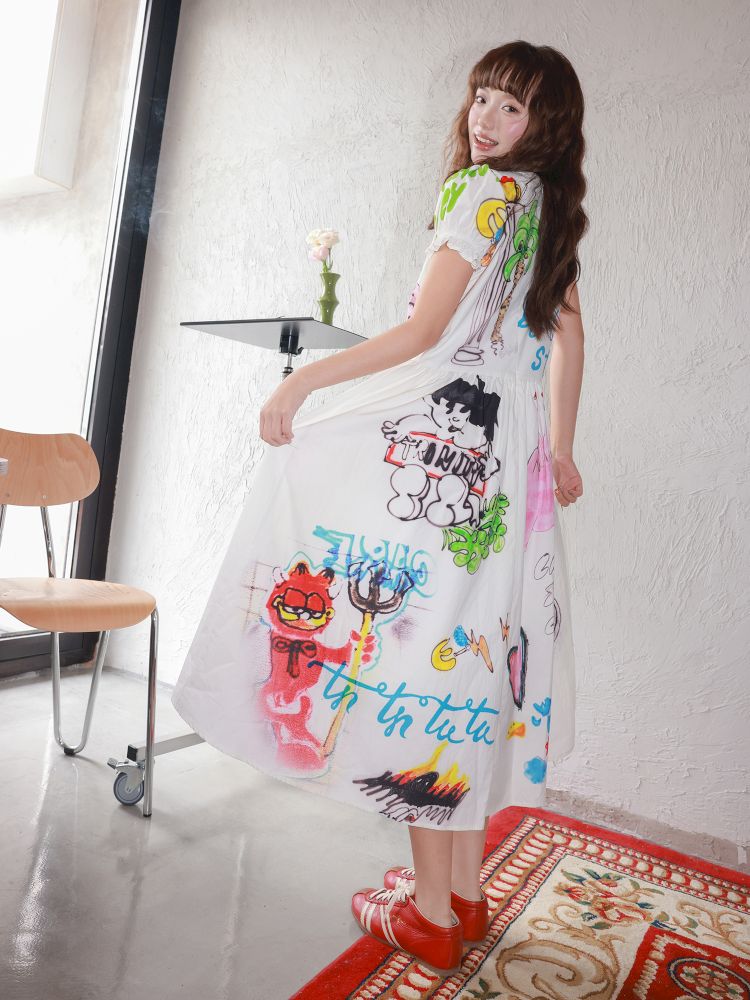 White Graffiti Printed Dress【s0000013336】