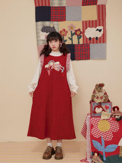 Lace Corduroy Red Vest Dress【s0000010346】