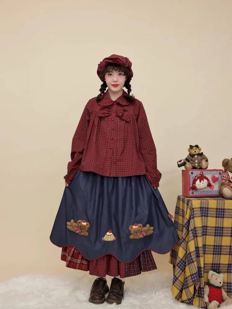 Teddy bear embroidered denim skirt【s0000014176】