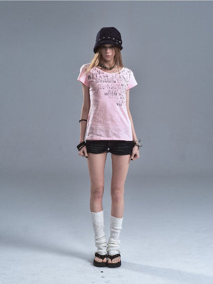 V-neck Letter Print Cotton T-shirt【s0000016638】