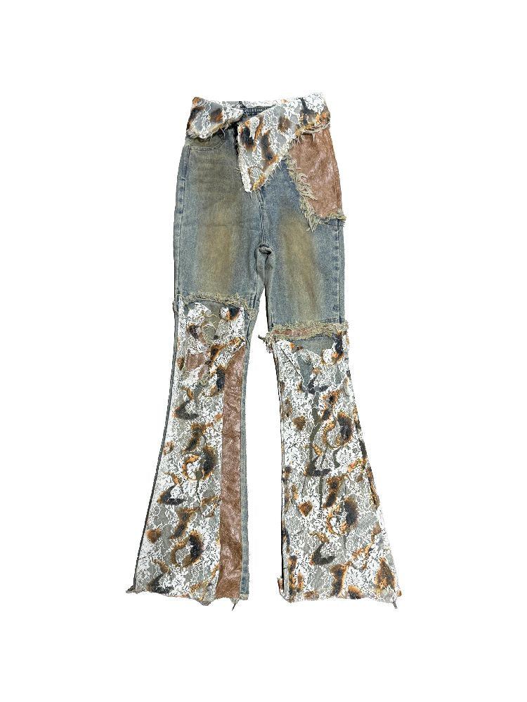 Lace and Leather Patchwork Jeans【s0000010873】