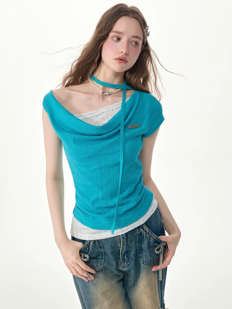Blue Ripples Patchwork Short T Shirt【s0000017268】