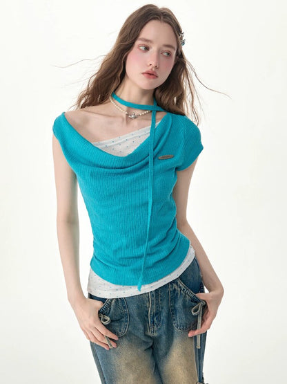 Blue Ripples Patchwork Short T Shirt【s0000017268】