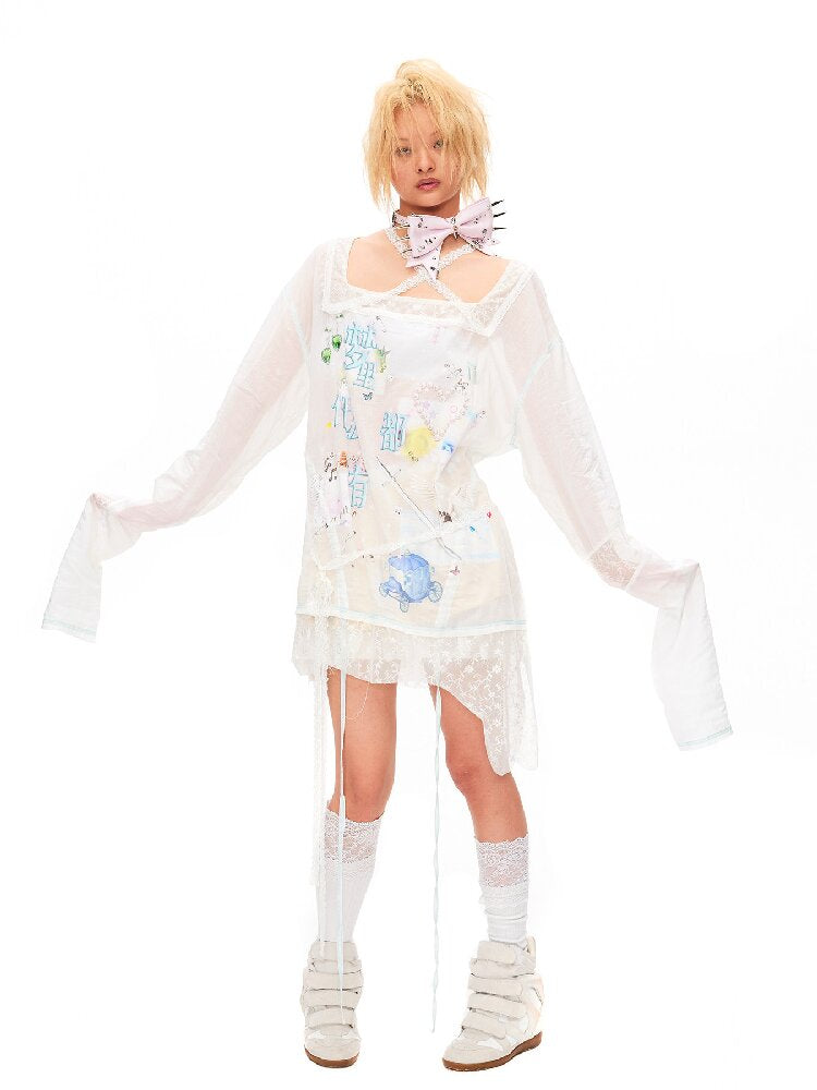 Dream Print Lace Drawstring Top【s0000016491】