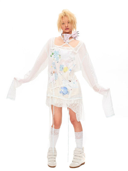 Dream Print Lace Drawstring Top【s0000016491】