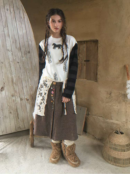 Striped Patchwork Pony Print T-Shirt【s0000014899】