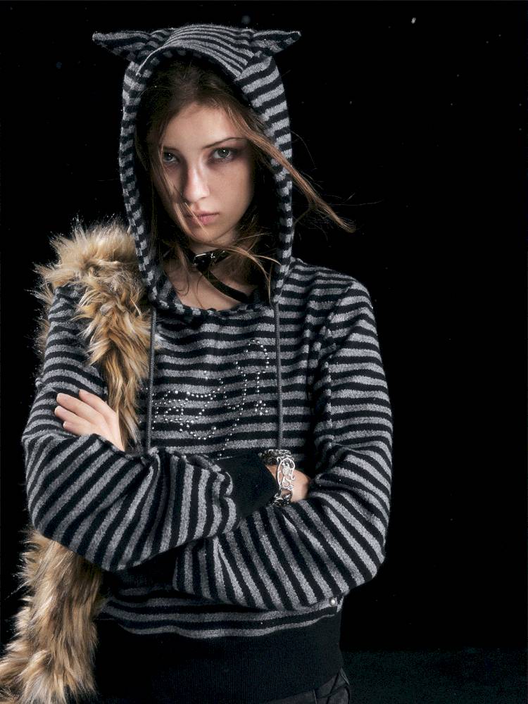 Striped Cat-Ear Hoodie【s0000014425】