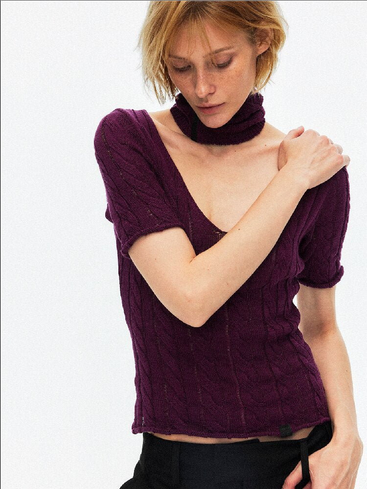 Cut Out Cable V-Neck Knit Top【s0000015928】