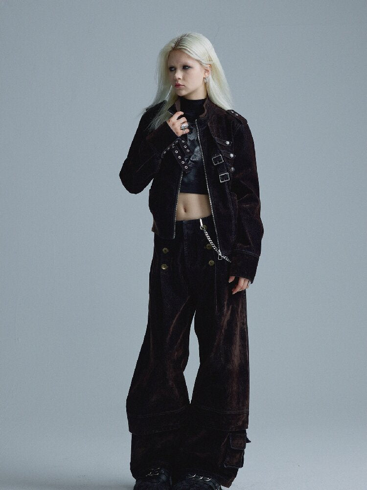 Mottled Velvet Buttoned Wide-Leg Pants【s0000018557】
