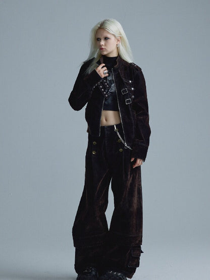 Mottled Velvet Buttoned Wide-Leg Pants【s0000018557】