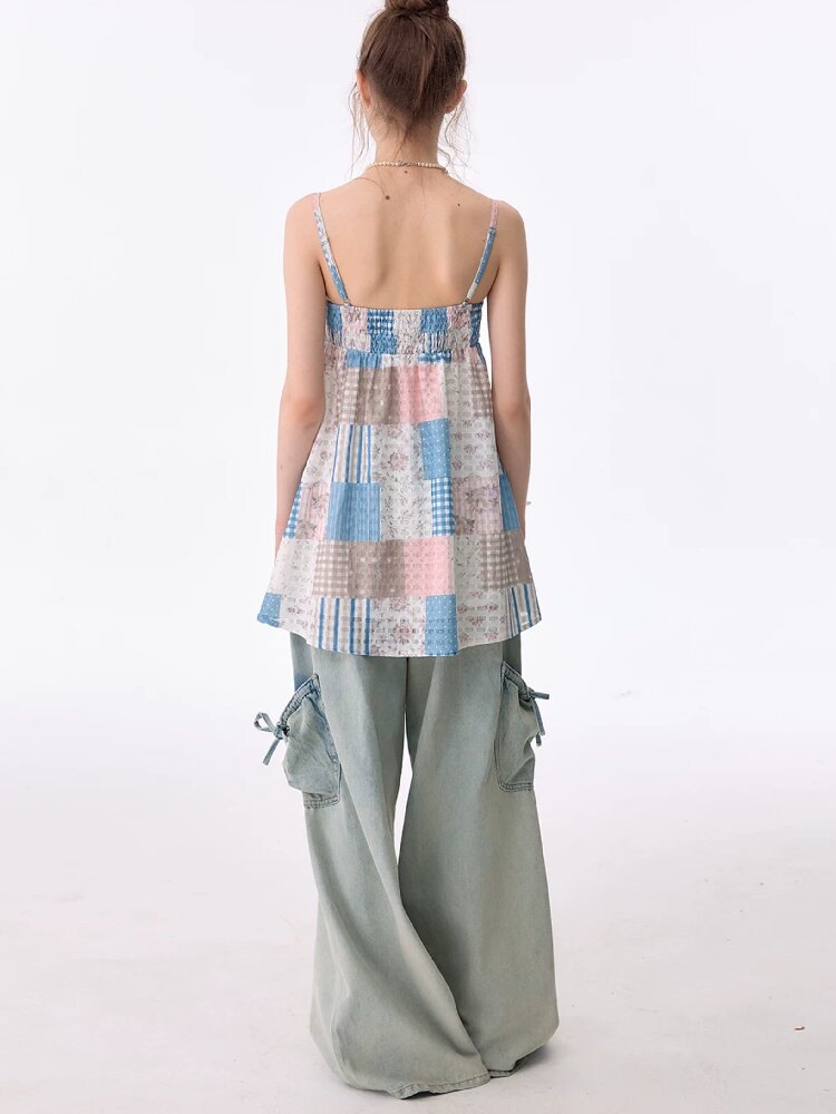 Color-Blocked Floral Plaid Tank Top【s0000017674】