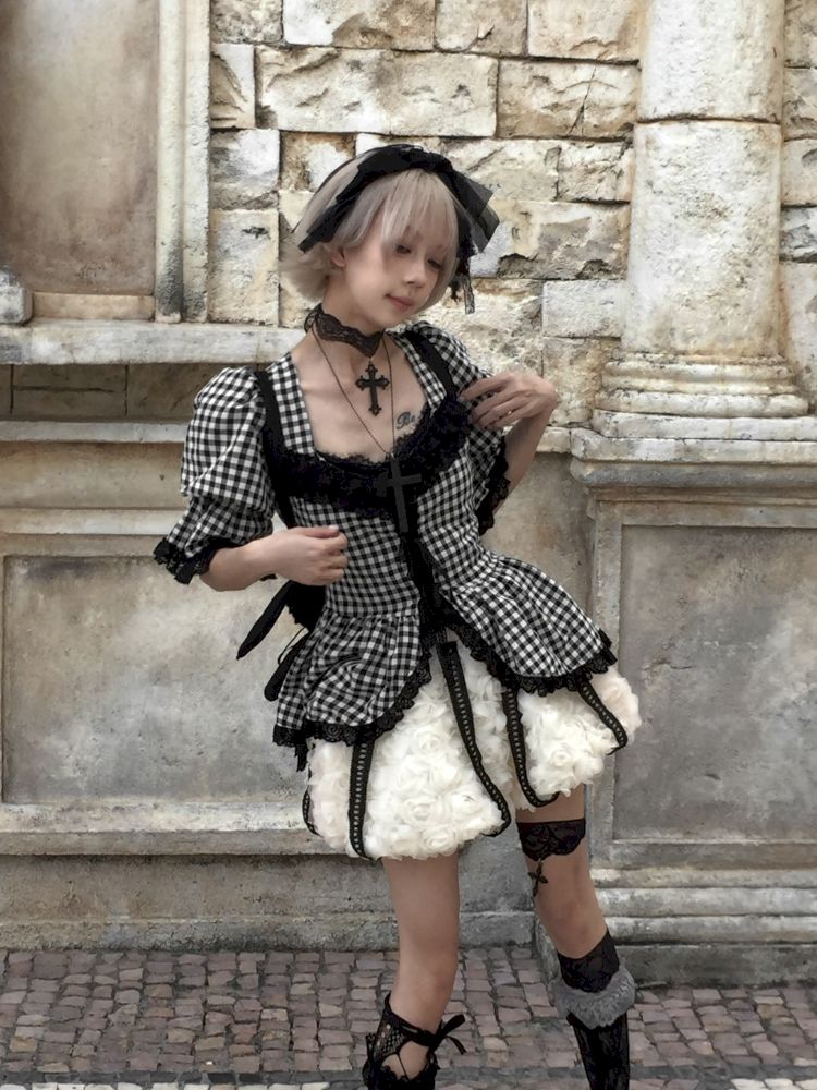 Plaid Lace Tie Bubble Sleeve Rose Set【s0000012437】