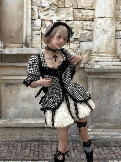 Plaid Lace Tie Bubble Sleeve Rose Set【s0000012437】