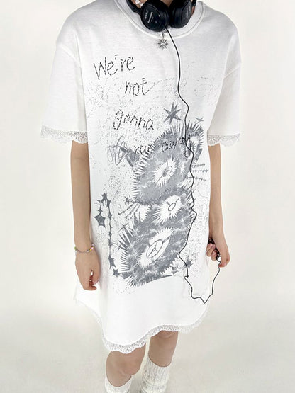 Lace Splicing Printed T-Shirt Dress [S0000008821]