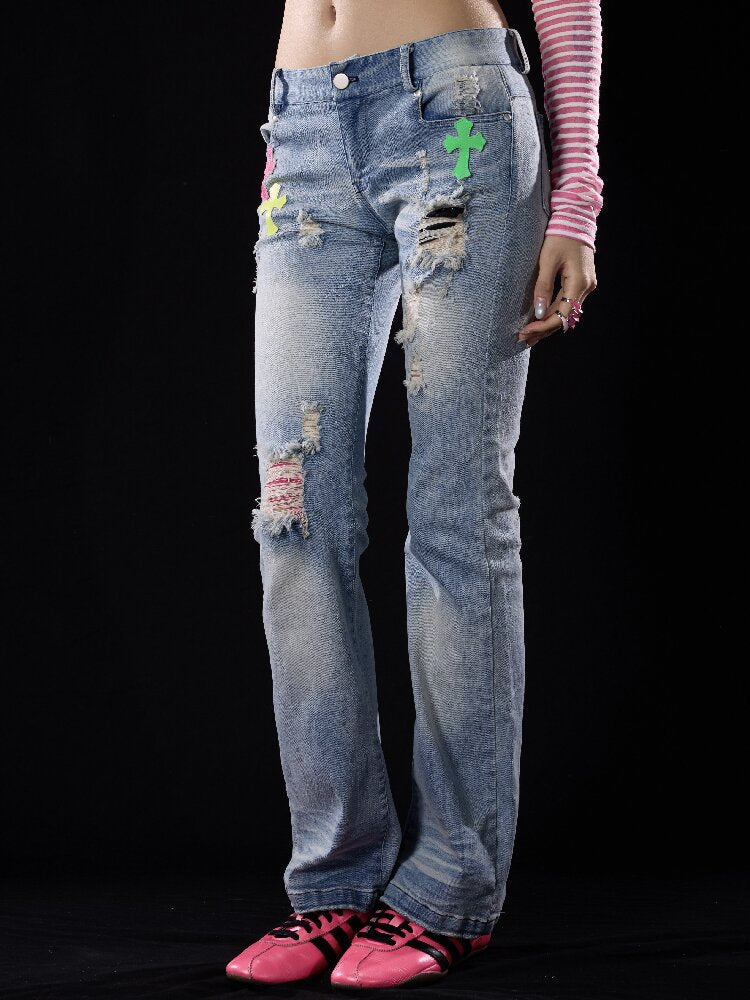 Washed Ripped Appliqué Jeans【s0000018505】