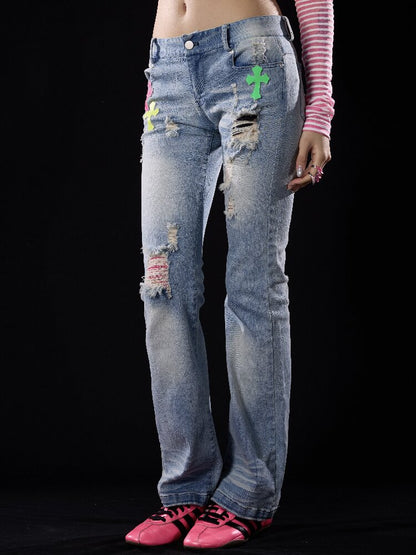 Washed Ripped Appliqué Jeans【s0000018505】