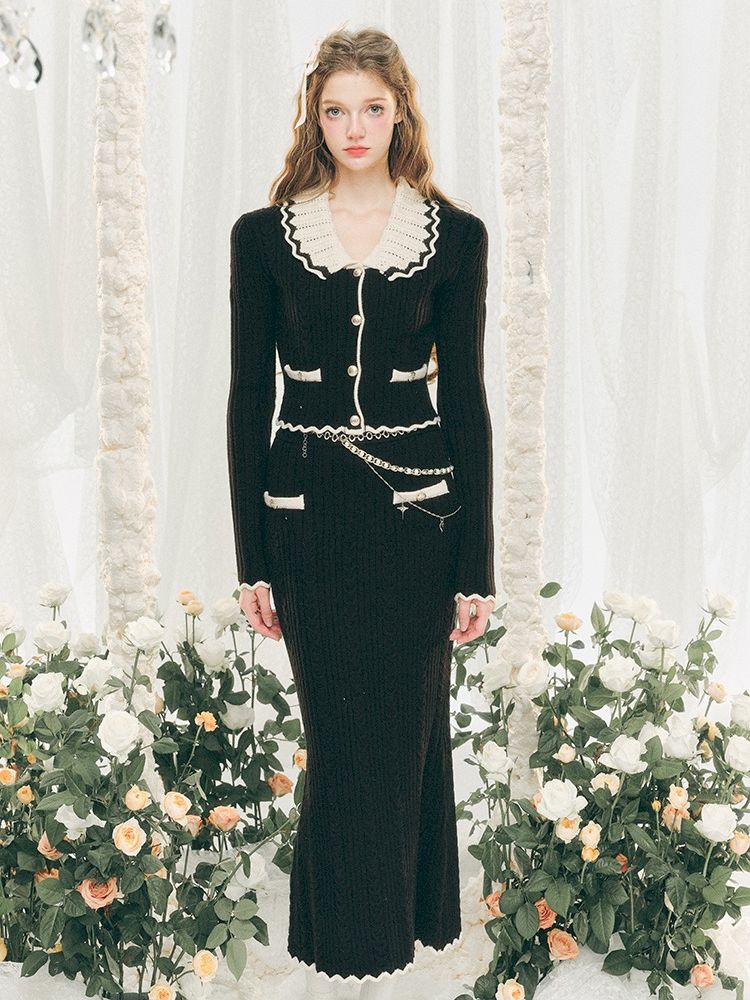 Knit Cardigan Wrap Hip Skirt Two Piece Chambray Set【s0000005286】