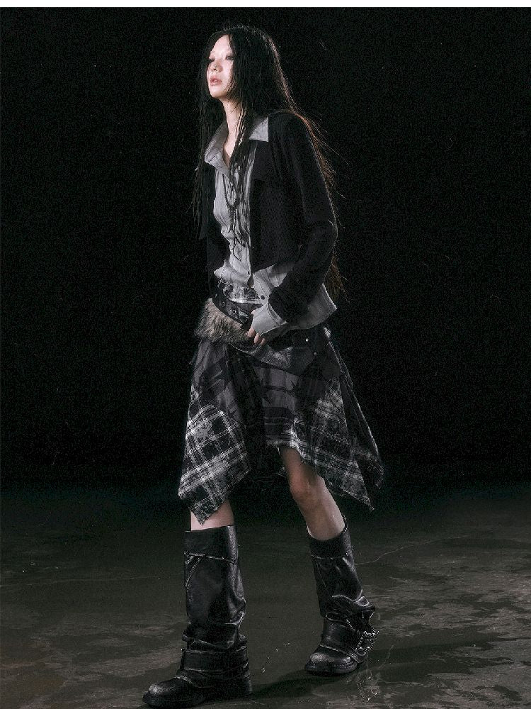 Star Plaid IRREGULAR RAW EDGE HALF SKIRT [S0000010750]