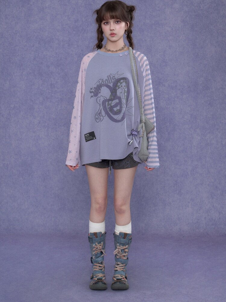 Doodle Print Raglan Sleeve T-Shirt【s0000017867】