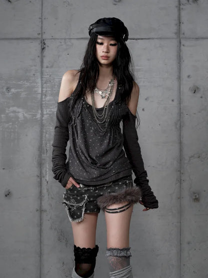 Off-Shoulder Long Sleeve Blouse【s0000014121】