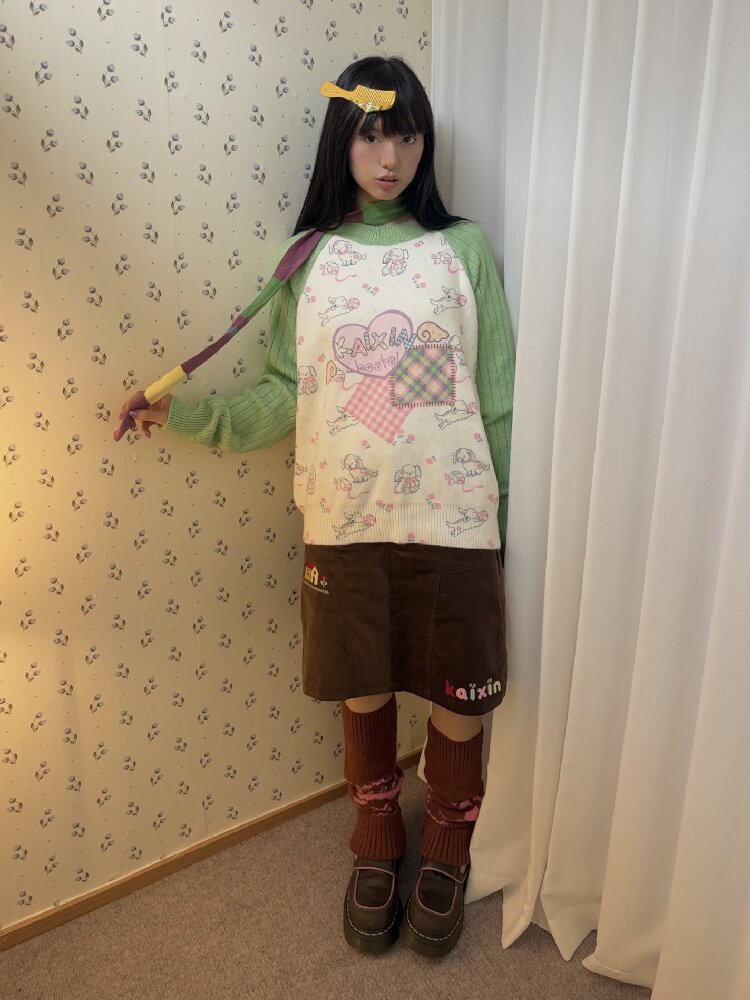 Puppy Floral Print Color Block Sweater【s0000019080】