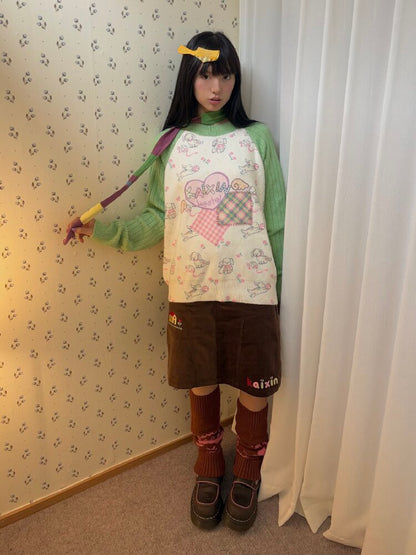 Puppy Floral Print Color Block Sweater【s0000019080】