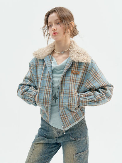 모피 칼라 슬림 블루 격자 무늬 짧은 코트 [S0000011507]