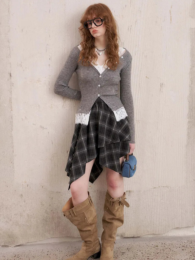 Slim-Fit V-Neck Off-Shoulder Knit Cardigan【s0000014061】