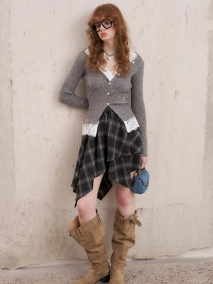 Slim-Fit V-Neck Off-Shoulder Knit Cardigan【s0000014061】