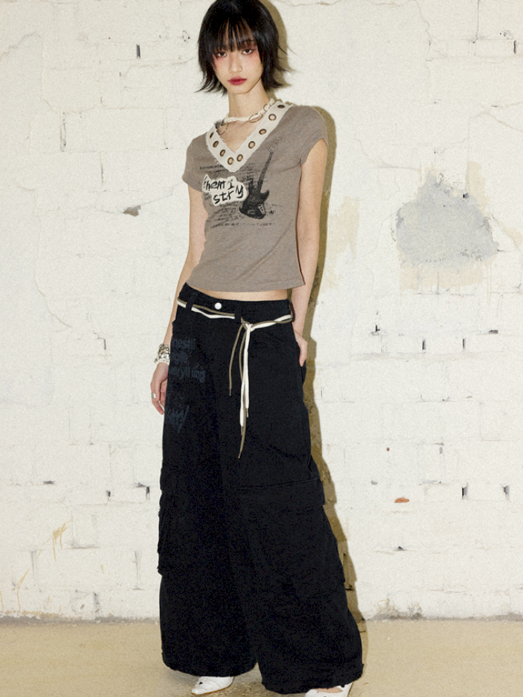 V-Neck Guitar Print Short Sleeve T-Shirt【s0000012424】