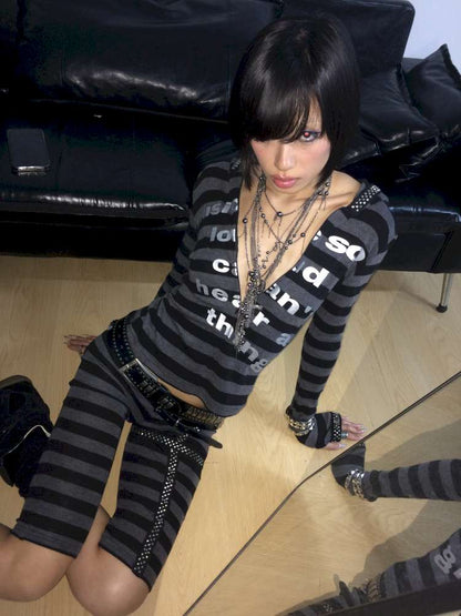 Black Gray Striped Stud Top Set【s0000014667】