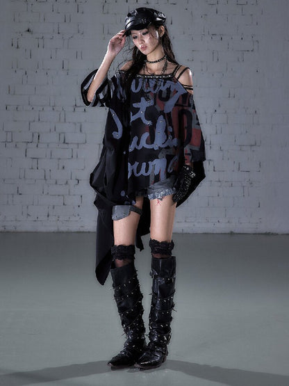 Asymmetrical Striped Webbing T-shirt【s0000015938】