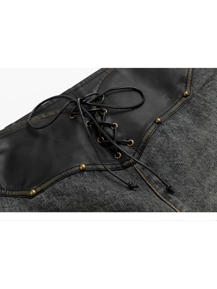 Leather-Trimmed Patchwork Pleated Jeans【s0000014424】