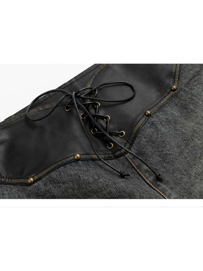 Leather-Trimmed Patchwork Pleated Jeans【s0000014424】