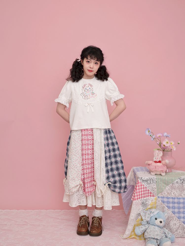 Lace Ribbon Bubble Sleeve T-Shirt【s0000012014】