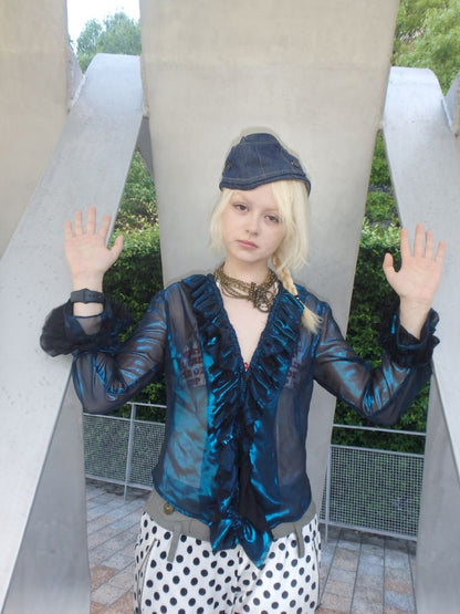 Metallic-colored broken polarized blue mesh cardigan【s0000013178】