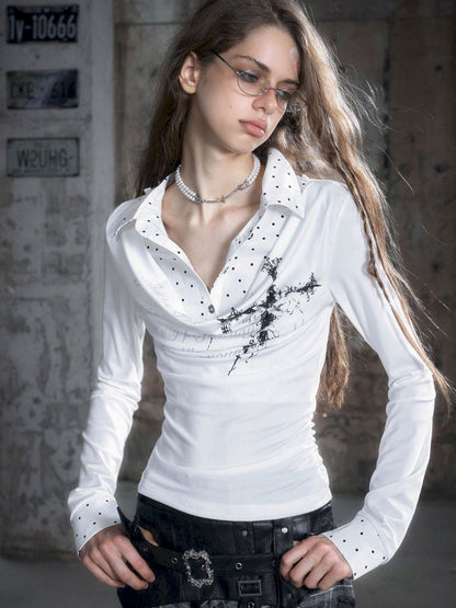 Plaid Tie-Dye Black Swing Neck Long Sleeve Blouse【s0000013887】