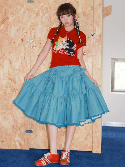 Bow Fringe Patchwork Denim Skirt【s0000013928】