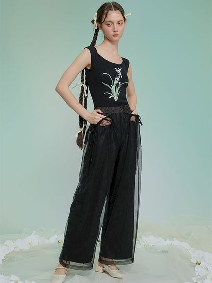 Jacquard mesh double wide-leg pants【s0000013595】