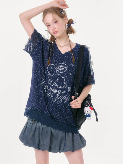 Dark Blue Rabbit Floral Lace T-Shirt【s0000016602】