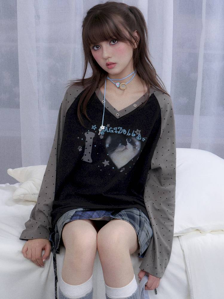 Polka Dot Raglan Long Sleeve T-Shirt【s0000014372】