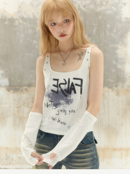 Imp Graffiti Printed Backless Hooded Neck Cami T-Shirt【s0000008398】