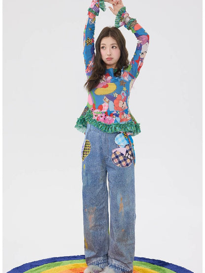 Hand Painted Patchwork Cotton Jeans【s0000016189】