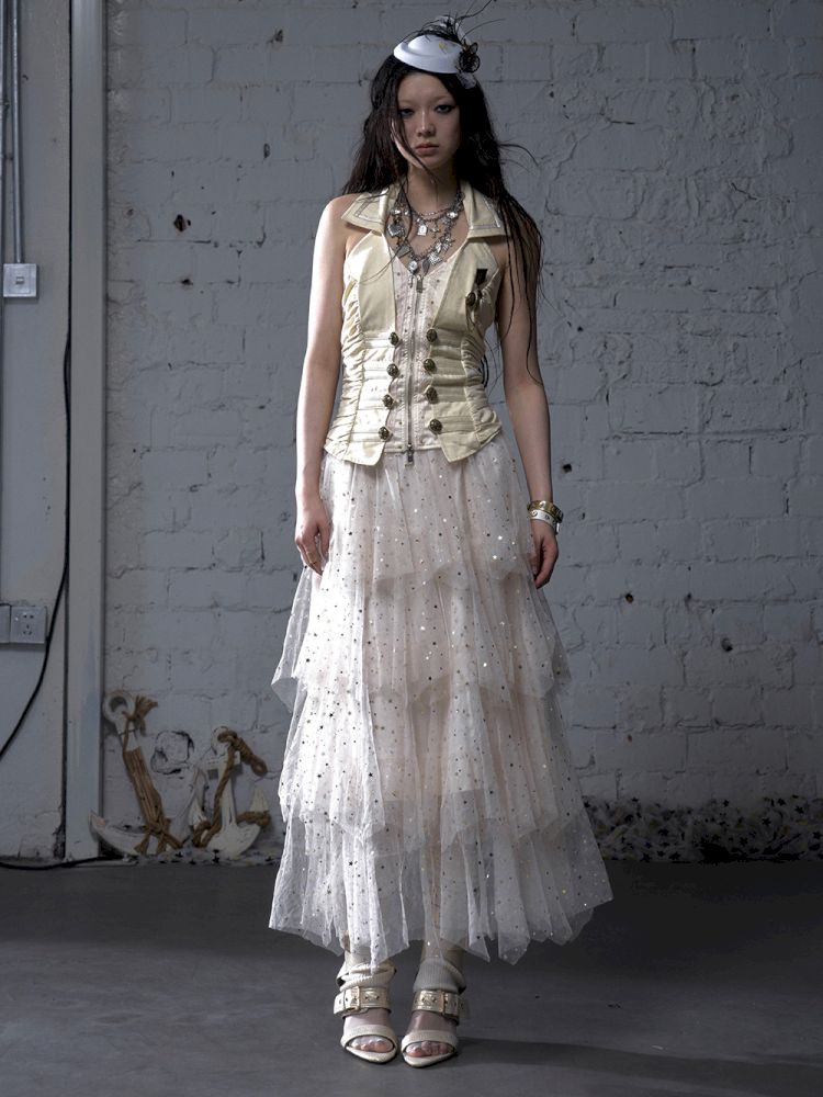 Slimming faux two-piece vest halter top【s0000012798】