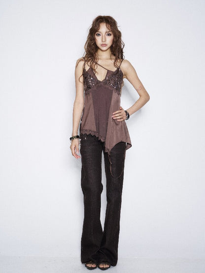 Sequin Lace Satin Suspender Top【s0000016673】