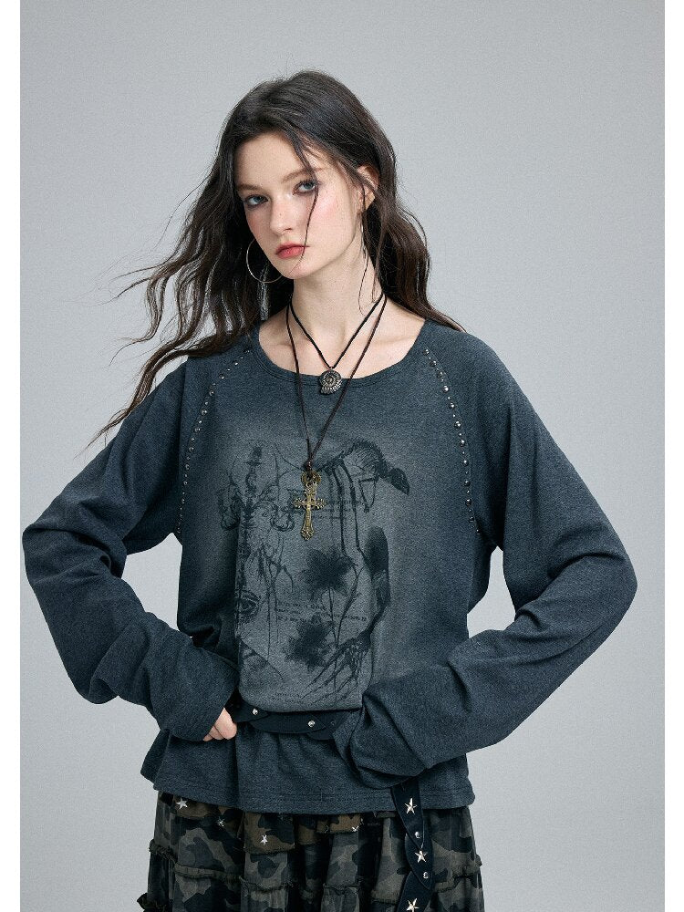 Washed Printed Rivet Knitted Top【s0000016261】