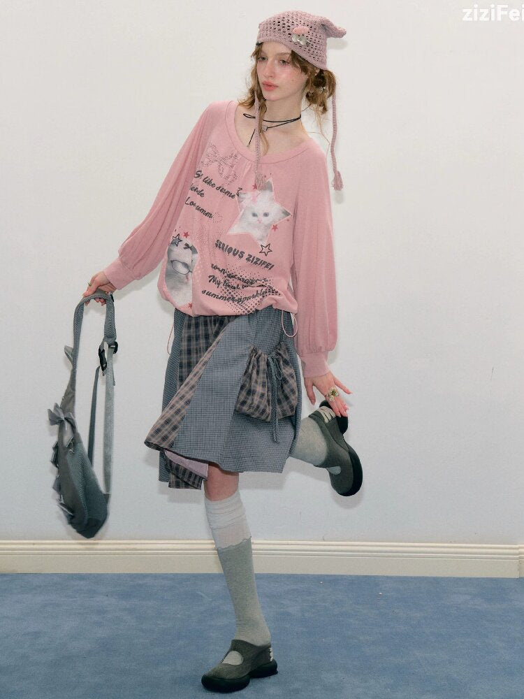 Lantern Sleeve Cat Print T-Shirt【s0000017878】
