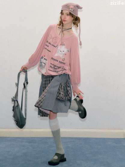 Lantern Sleeve Cat Print T-Shirt【s0000017878】