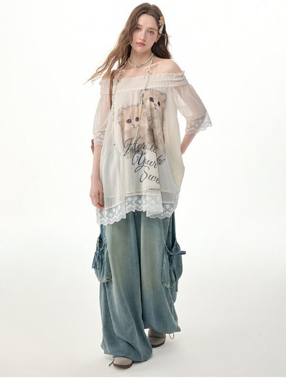 Lace Patchwork Cat Print T-Shirt【s0000017303】